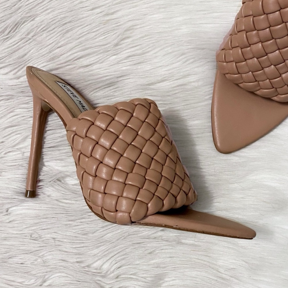 Steve Madden Beige Nude Tan Faux Leather Woven Strap Fateful Heeled Sandal Heels